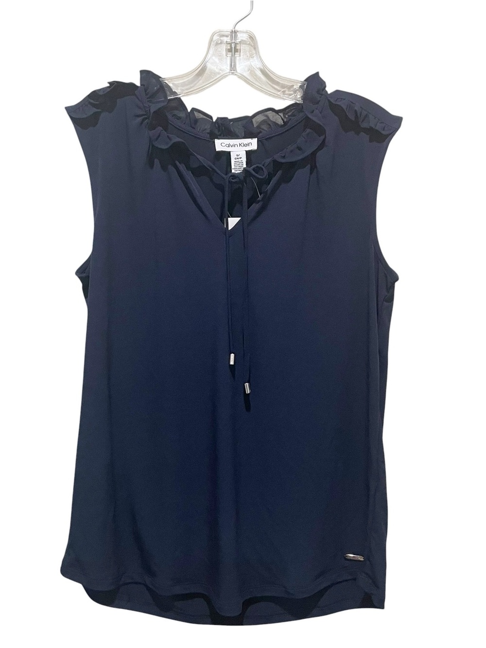 Calvin Klein Ruffle Neck Sleeveless Blouse Navy Womens Size Small Tie Front Top